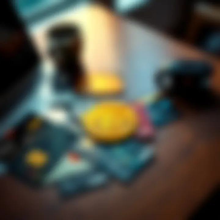 A selection of different Bitcoin debit cards laid out on a table with a laptop and coffee cup