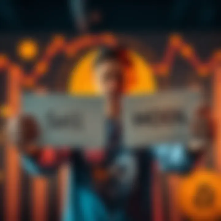 A person holding two signs; one says 'Sell' and the other says 'HODL' with Bitcoin graphics in the background.