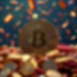 A Bitcoin logo surrounded by falling coins and dollar signs, symbolizing its declining value and acceptance in stores.