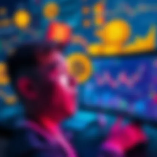 An intern looks surprised at a Bitcoin-themed desktop filled with graphics of Bitcoin symbols and charts.