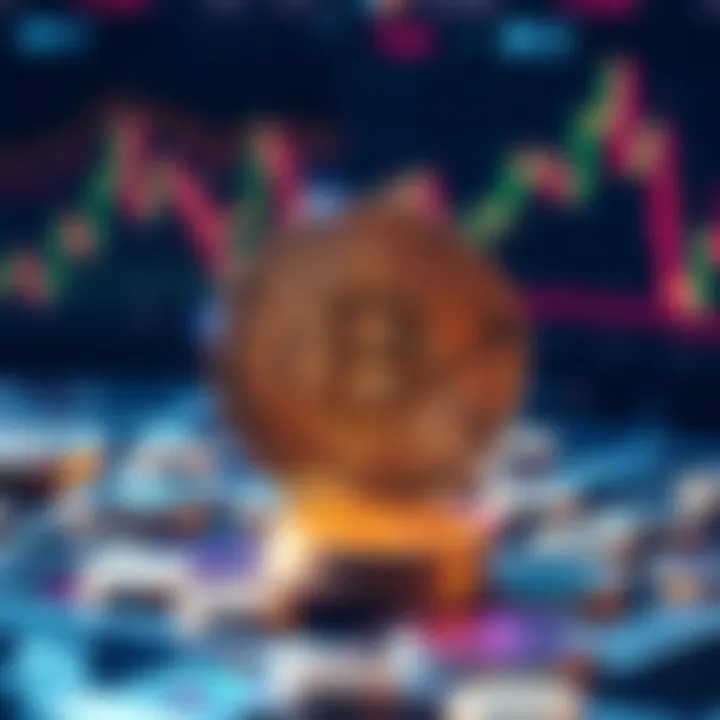 A graphic showing a Bitcoin symbol with digital coins and financial graphs in the background
