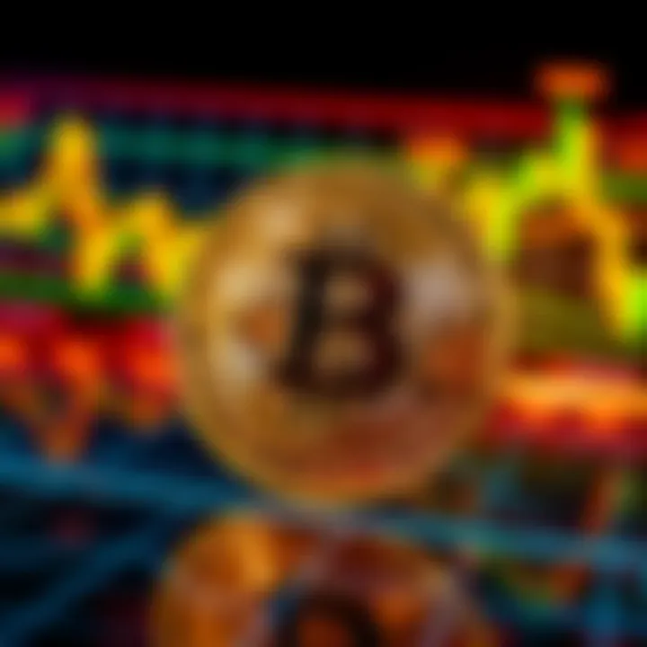 A shiny gold coin representing Bitcoin with a digital background showing market charts and fluctuations.