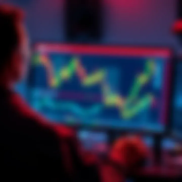 A person analyzing Bitcoin prices on a computer screen with graphs and charts indicating price dips.