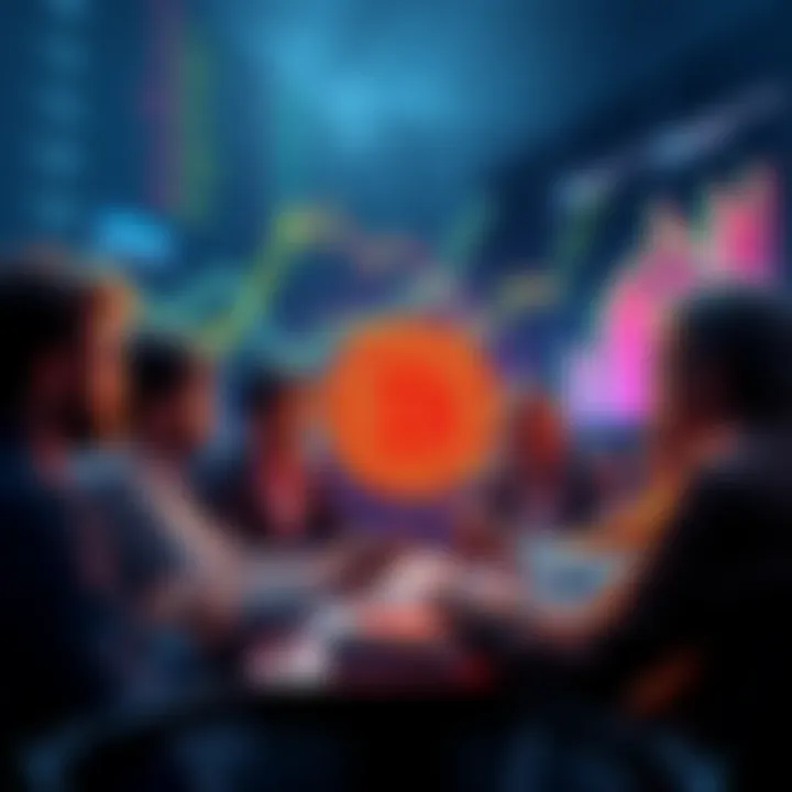 A group of people debating the future of Bitcoin as payment or store of value, with charts and graphs in the background.