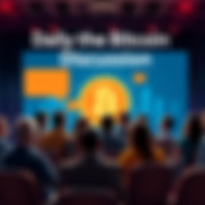 People engaging in a discussion about Bitcoin with speech bubbles and a digital currency symbol in the background