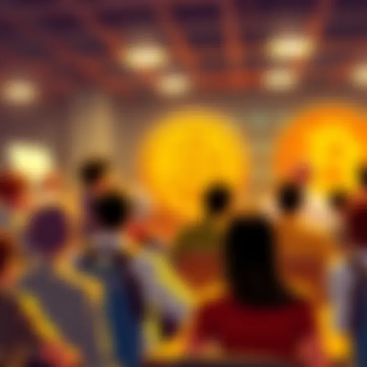 A graphic showing people engaging in a lively discussion about Bitcoin in a forum setting, sharing ideas and asking questions.