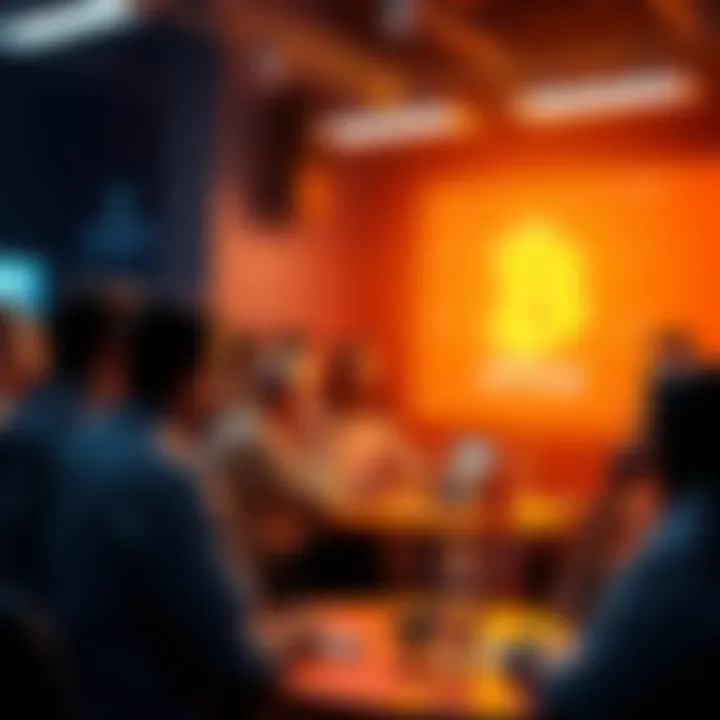 Bitcoin Discussion Group People engaging in a lively discussion about Bitcoin at a forum, sharing ideas and insights.