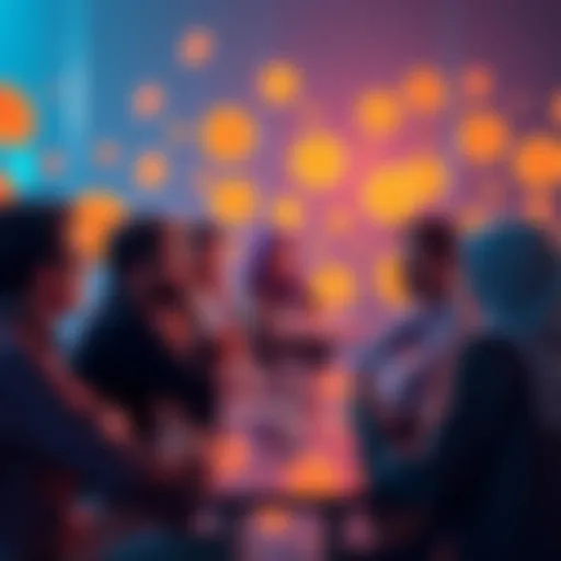 A group of people engaged in a lively conversation about Bitcoin, sharing insights and questions, with visuals of Bitcoin symbols around them.