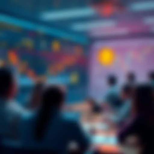 A vibrant online forum scene showcasing people discussing Bitcoin with charts and graphs in the background