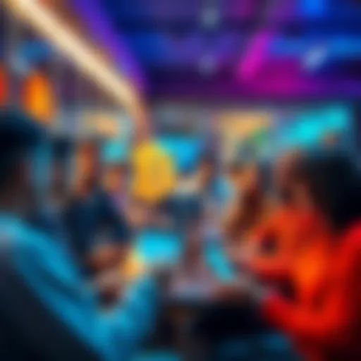 A diverse group of people discussing Bitcoin in a casual setting, with laptops and smartphones displayed, indicating an active conversation.