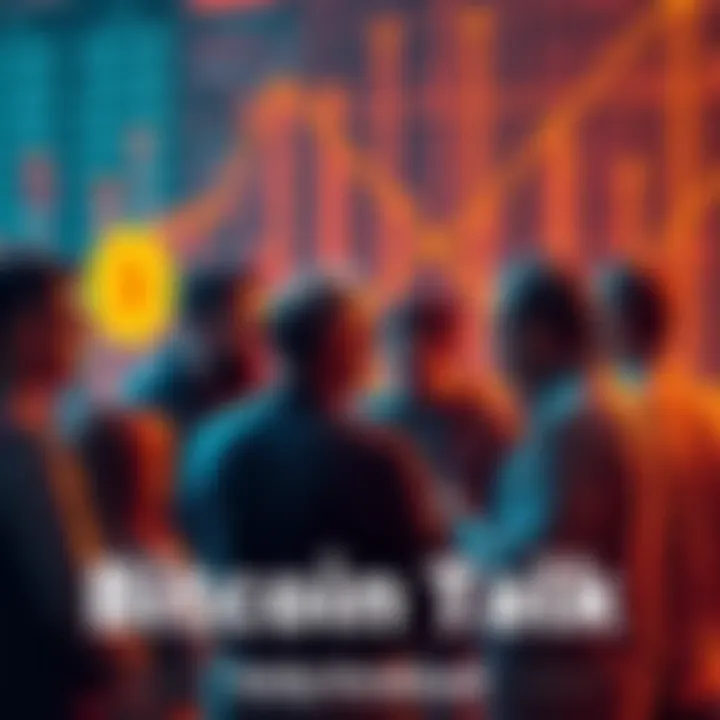 A group of people engaging in conversation about Bitcoin, sharing ideas and questions, set against a digital background.