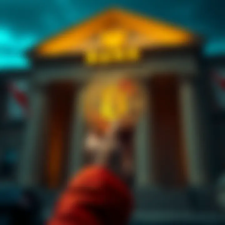 Bitcoin Disrupts Banking A person holding a Bitcoin symbol while standing in front of a bank, showing a contrast between traditional finance and cryptocurrency.