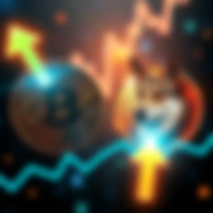 A graphic showing Bitcoin and DOGE logos with arrows indicating value growth potential.
