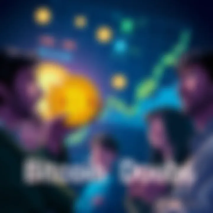 A group of people with puzzled expressions looking at Bitcoin symbols and charts, reflecting uncertainty in the cryptocurrency market.