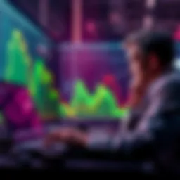 A visual representation of Bitcoin's price chart showing a downward trend with a worried investor looking at a laptop screen