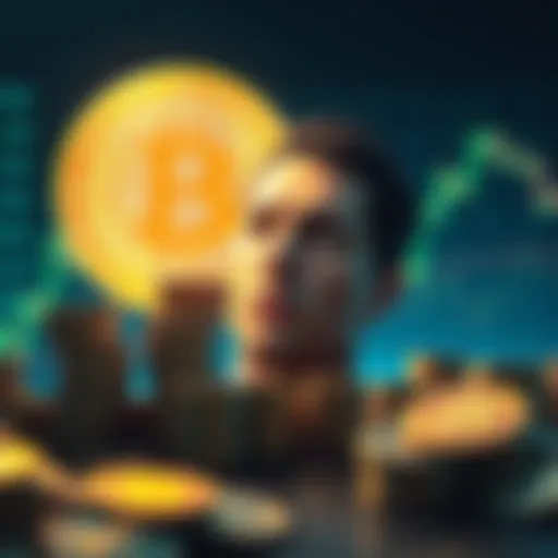 A person looking at a Bitcoin symbol with a distant expression, surrounded by stacks of coins and charts showing Bitcoin's price fluctuations.