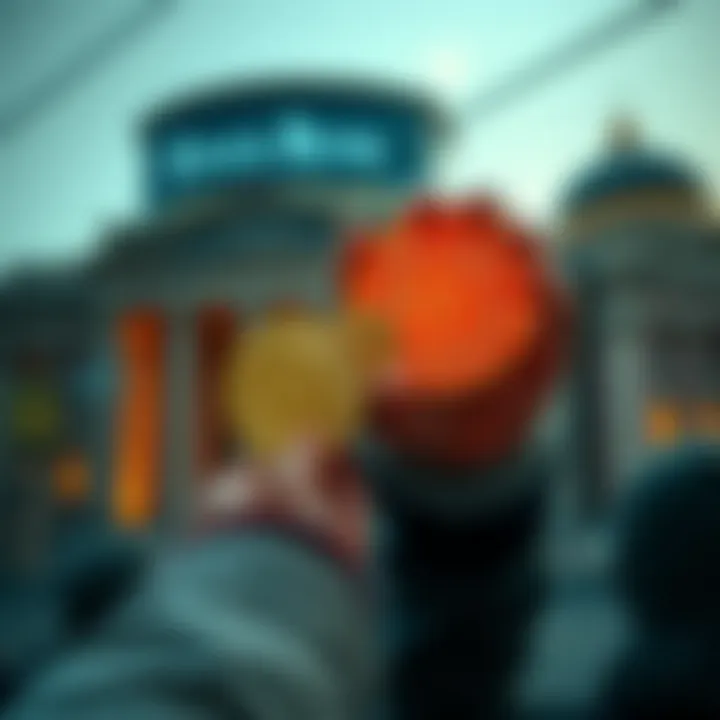 A person holding Bitcoin coins with banks in the background, symbolizing empowerment and financial freedom.