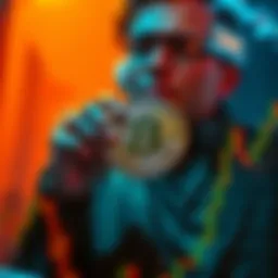 A person holding a Bitcoin symbol with a determined expression, surrounded by financial charts.