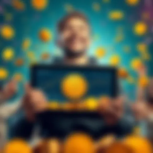 A person holding a laptop displaying Bitcoin charts with a cheerful expression, symbolizing success in investing. They are surrounded by Bitcoin coins and a festive atmosphere.