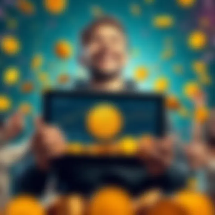 A person holding a laptop displaying Bitcoin charts with a cheerful expression, symbolizing success in investing. They are surrounded by Bitcoin coins and a festive atmosphere.