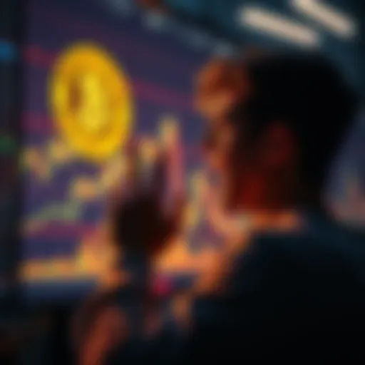 A person excitedly watching a Bitcoin price chart on a screen, showing upward trends and enthusiasm for growth in 2026.