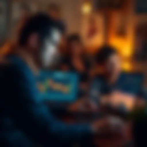 A focused person studying cryptocurrency charts on a laptop, with a nostalgic photo of friends in the background, symbolizing the conflict between wealth and relationships.