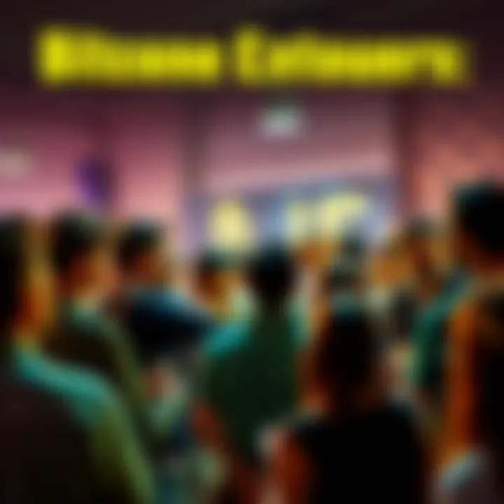 A diverse group of people enthusiastically discussing Bitcoin at a community event, showcasing their passion for cryptocurrency.