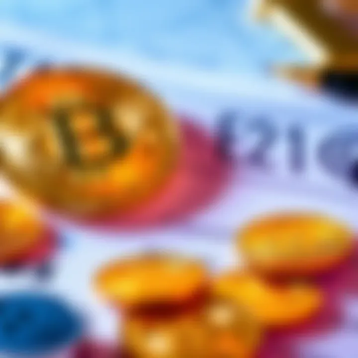 A visual representation of Bitcoin coins and an ETF investment symbol with tax documents in the background.