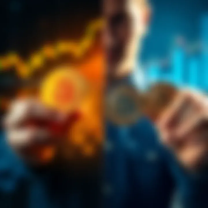 Bitcoin ETF and Direct Ownership Comparison A split image showing Bitcoin ETF graphics on one side and a person holding Bitcoin coins on the other, illustrating the choice between investing in ETFs and direct Bitcoin ownership.