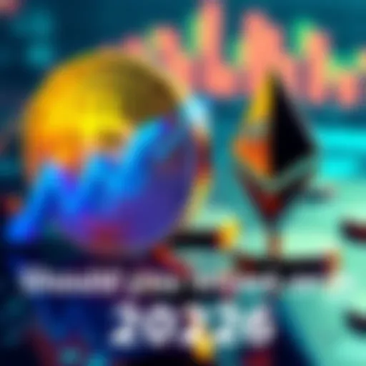 A visual comparison of Bitcoin and Ethereum symbols with graphs showing investment trends.