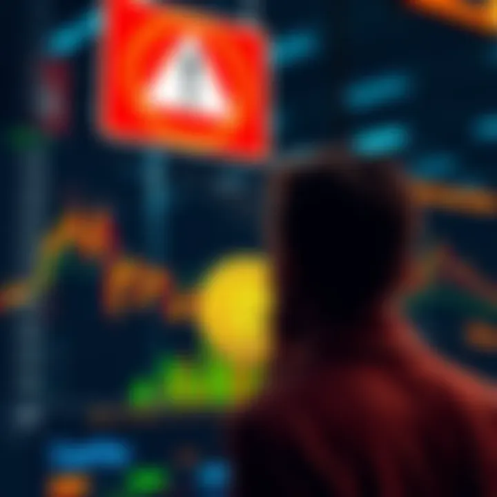 Person looking at Bitcoin on a digital exchange screen with a warning sign in the background.