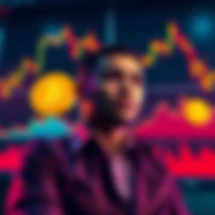 A person considering different exit strategies for bitcoin, with charts and graphs in the background showing market trends.