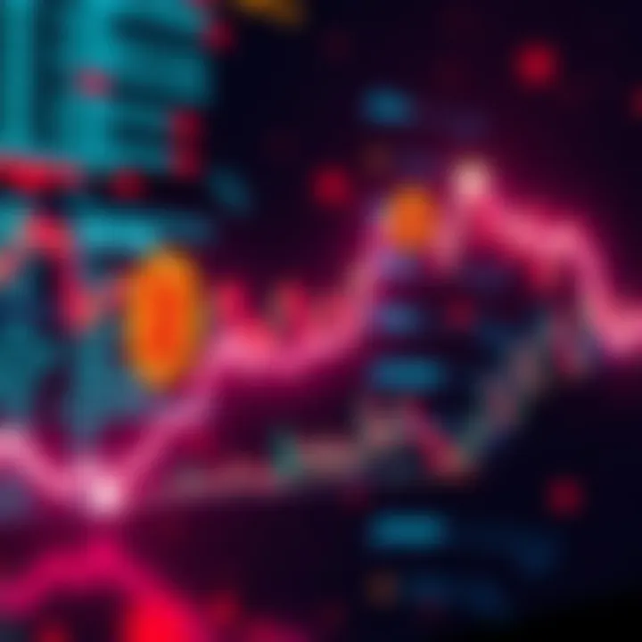 A graphic showing a downward trend for Bitcoin prices with a tech stock background