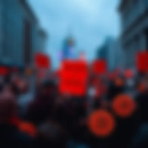 Group of Bitcoin enthusiasts rallying with signs against traditional banks in a public space