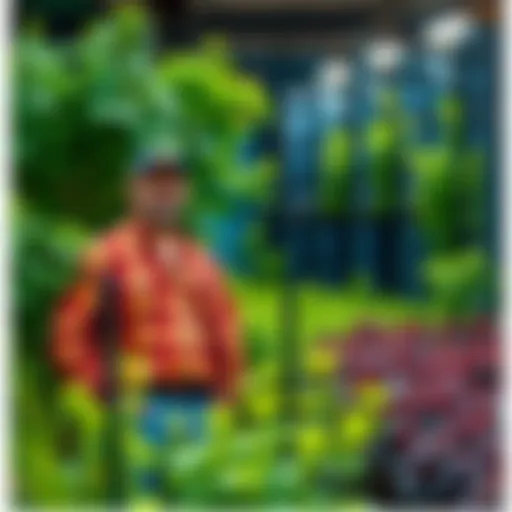 A farmer in Madeira stands in a lush herb garden, surrounded by plants, with a Bitcoin mining setup in the background.