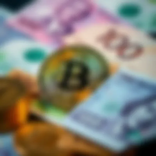 A visual showing Bitcoin symbol alongside fiat currency notes, symbolizing the debate over Bitcoin's value in traditional money.