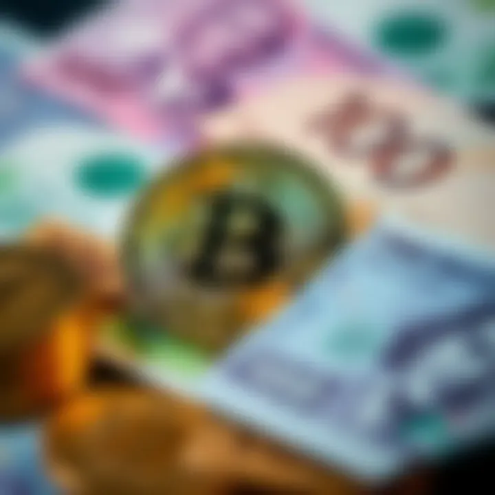 A visual showing Bitcoin symbol alongside fiat currency notes, symbolizing the debate over Bitcoin's value in traditional money.
