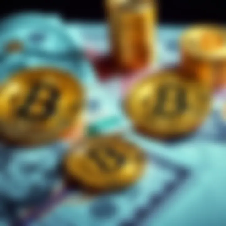 A visual comparison showing Bitcoin symbols alongside traditional paper currency, highlighting the differences between the two forms of money.