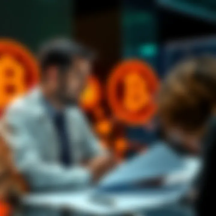 A financial advisor discussing Bitcoin investment strategies with a client, showing charts and financial documents, with Bitcoin symbols in the background.