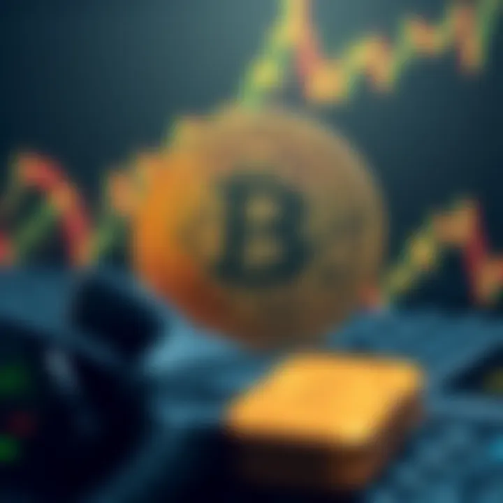 Illustration of Bitcoin symbolizing financial stability during a crisis, with a background of fluctuating stock market graphs