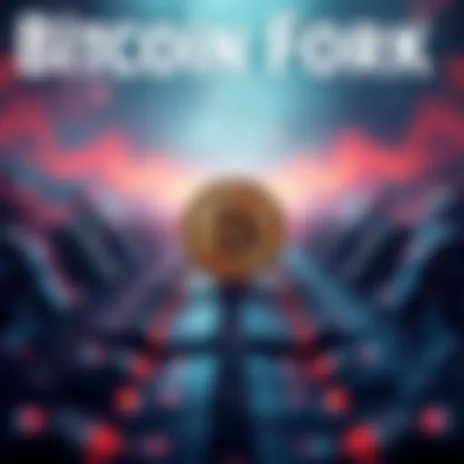 A visual representation of a Bitcoin fork with two diverging paths, symbolizing corporate influence and personal nodes as defense.