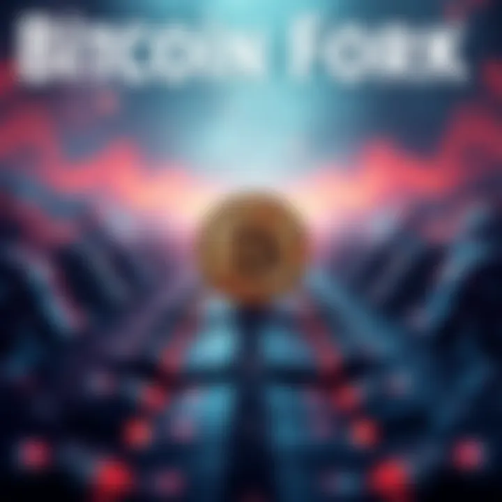 A visual representation of a Bitcoin fork with two diverging paths, symbolizing corporate influence and personal nodes as defense.