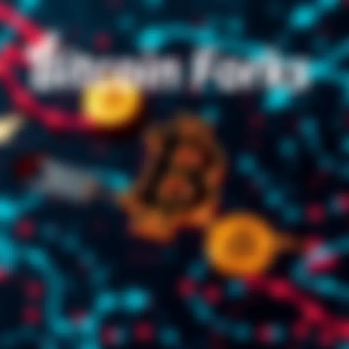 Visual representation of Bitcoin forks and chains with arrows showing splits and merges, highlighting different Bitcoin types,