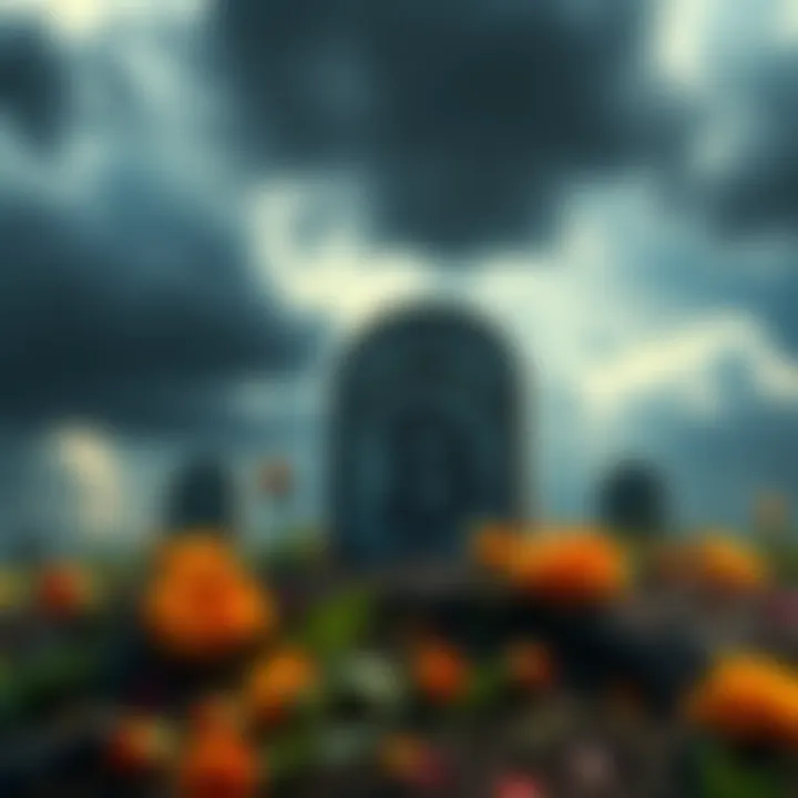 A symbolic funeral scene for Bitcoin with a gravestone marked 'Bitcoin', surrounded by dark clouds and wilted flowers, representing the end of an era.