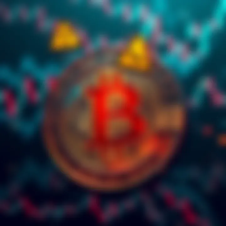 A graphic showing Bitcoin's logo with warning signs and market charts, symbolizing uncertainty in 2025.