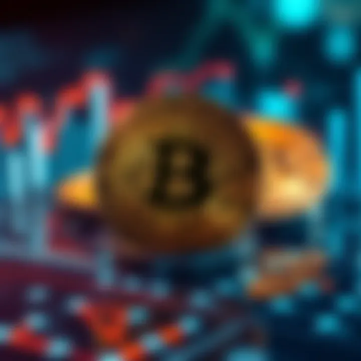 A digital representation of Bitcoin coins with a futuristic background depicting finance concepts.