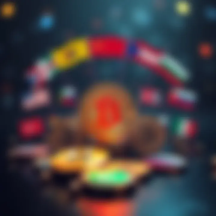 A graphic showing Bitcoin symbols surrounded by flags and icons representing different countries, illustrating the influence of global events on its value.