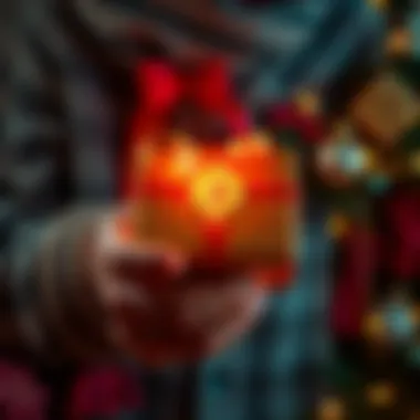 A person holding a gift box with a Bitcoin symbol on it, surrounded by festive decorations.