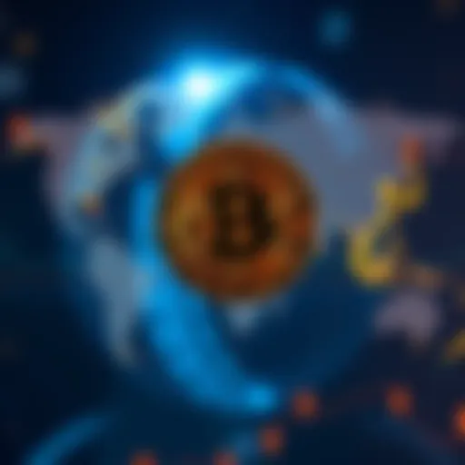 A Bitcoin symbol in front of a world map, representing its global importance in finance.