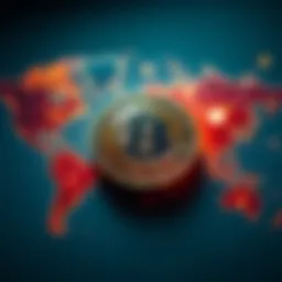 Bitcoin symbol placed over a world map, illustrating global influence and economic connections